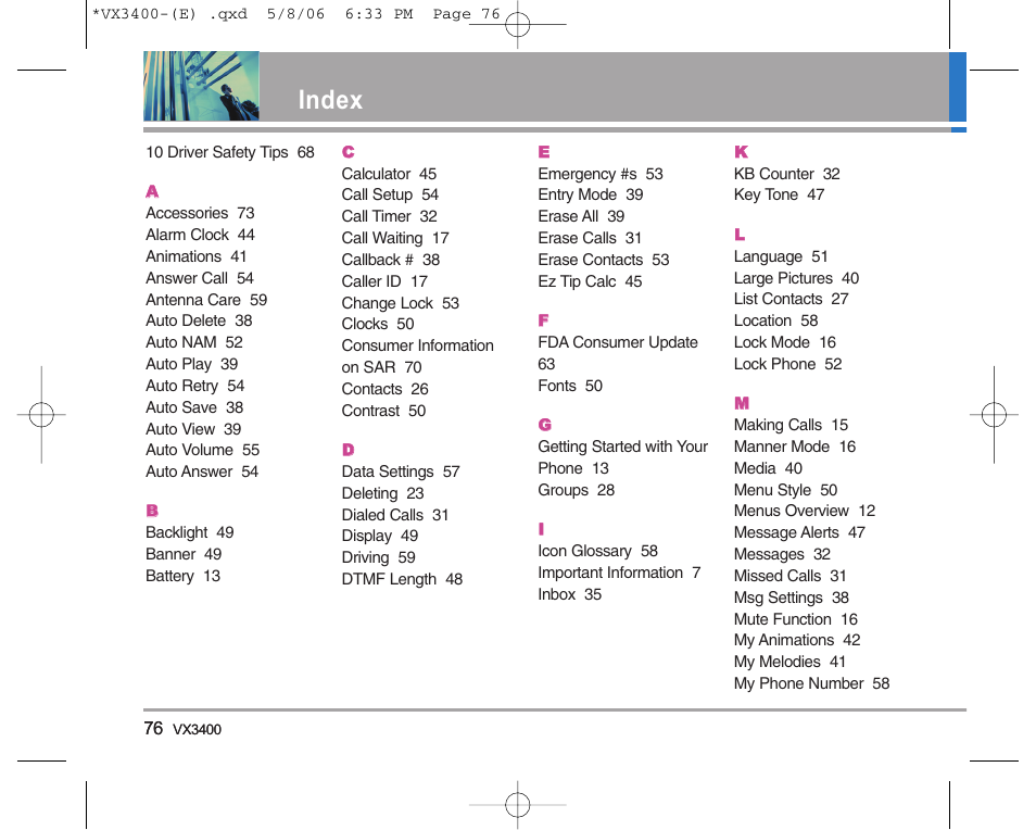 Index | LG VX3400 User Manual | Page 78 / 81