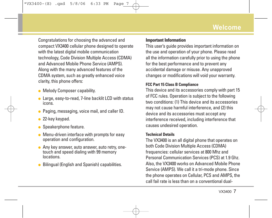 Welcome | LG VX3400 User Manual | Page 9 / 81