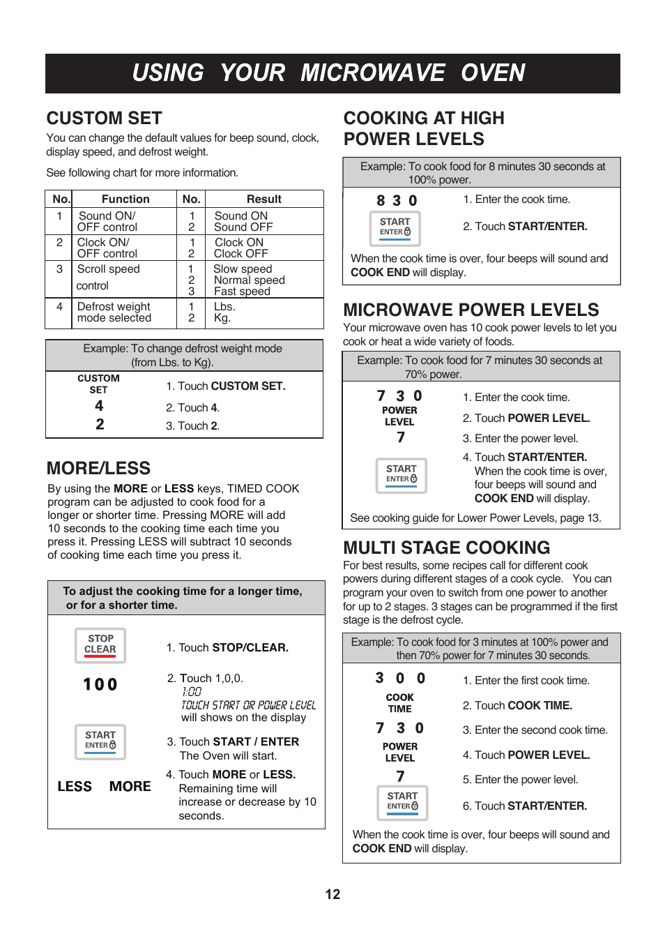 Custom set more/less, Microwave power levels, Multi stage cooking | Cooking at high power levels | LG LMHM2017SB User Manual | Page 13 / 33