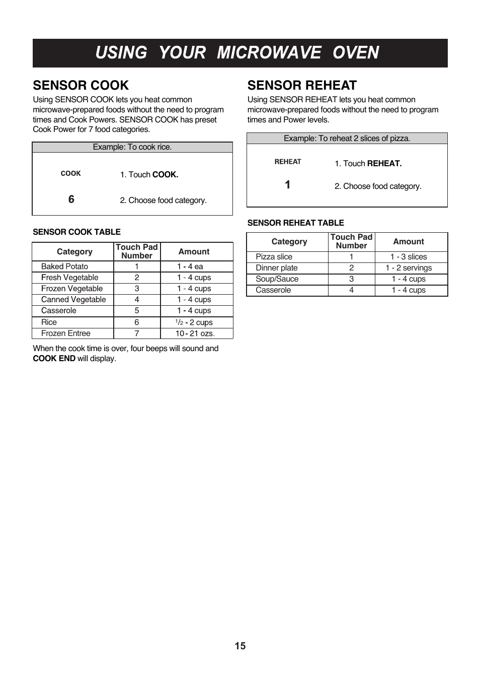 Sensor cook, Sensor reheat | LG LMHM2017SB User Manual | Page 16 / 33