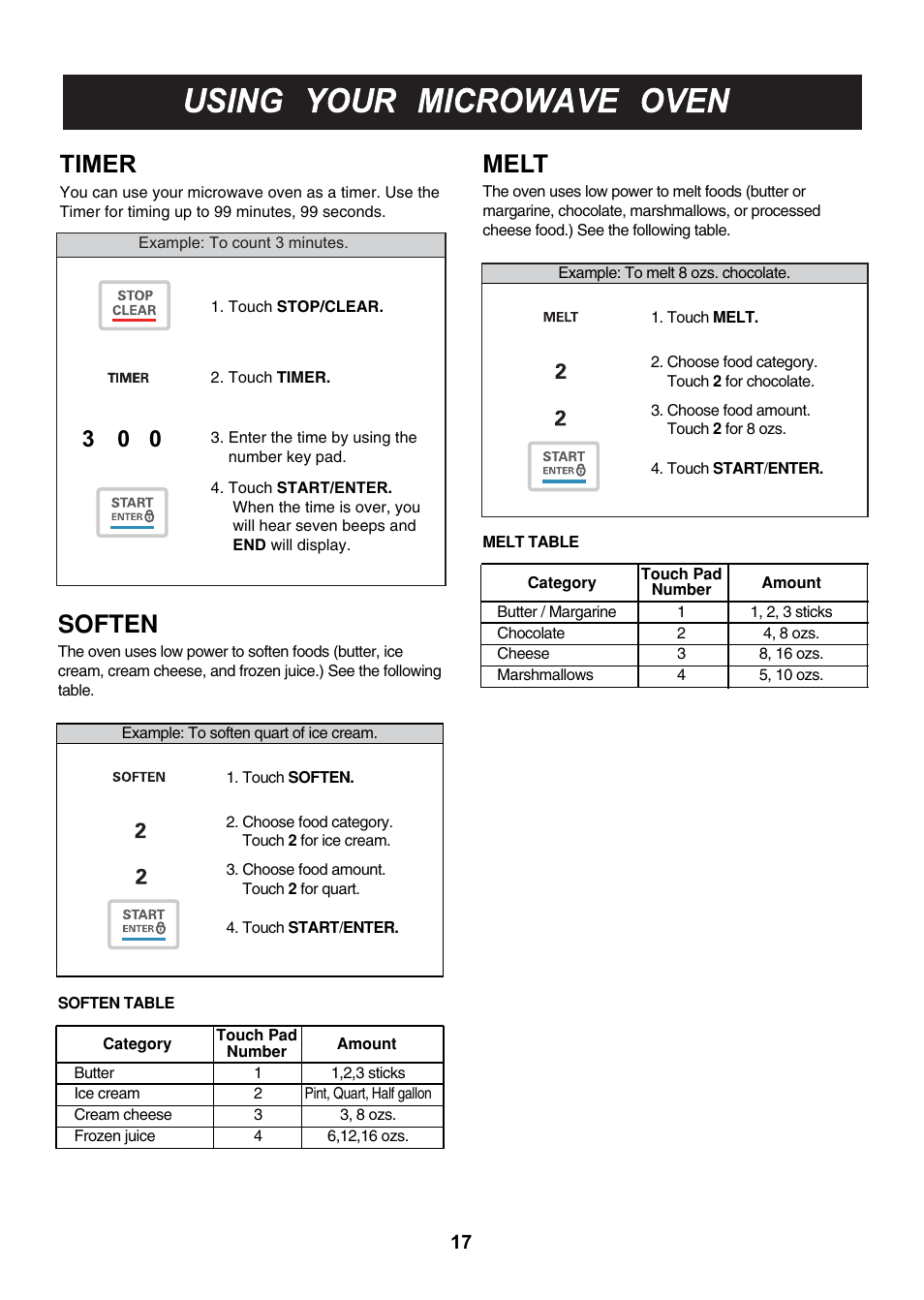 Soften, Melt, Timer | LG LMHM2017SB User Manual | Page 18 / 33