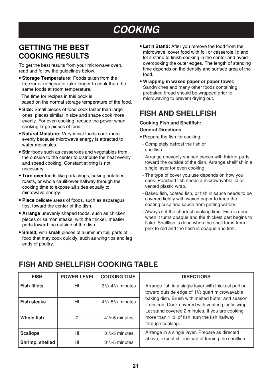 Getting the best cooking results, Fish and shellfish, Fish and shellfish cooking table | LG LMHM2017SB User Manual | Page 22 / 33