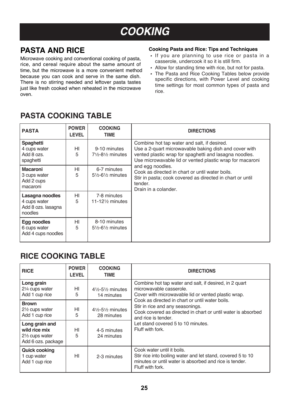 Pasta and rice, Pasta cooking table, Rice cooking table | LG LMHM2017SB User Manual | Page 26 / 33