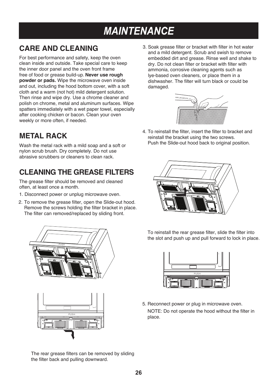 Care and cleaning, Metal rack, Cleaning the grease filters | LG LMHM2017SB User Manual | Page 27 / 33