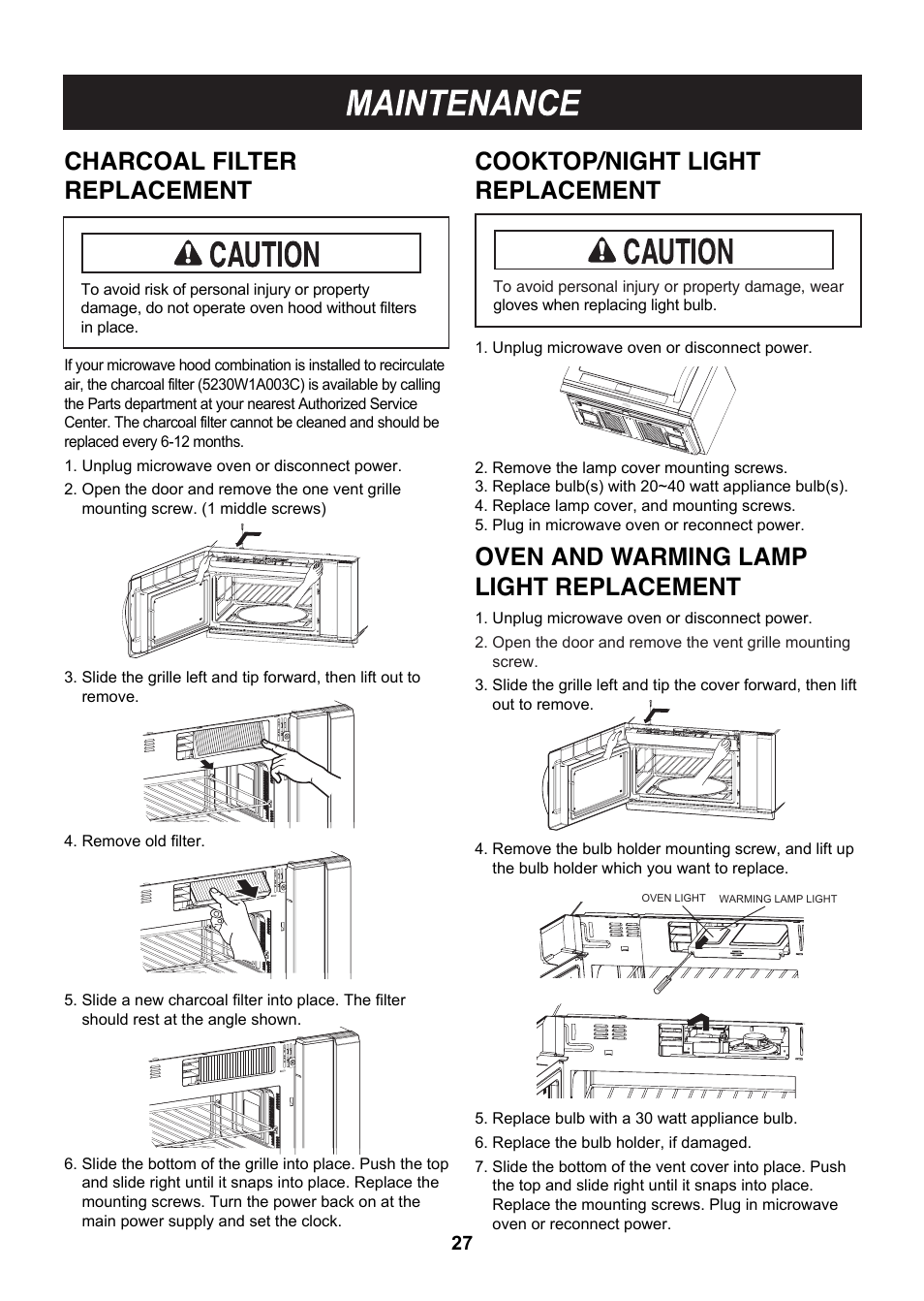 Charcoal filter replacement, Cooktop/night light replacement, Oven and warming lamp light replacement | LG LMHM2017SB User Manual | Page 28 / 33