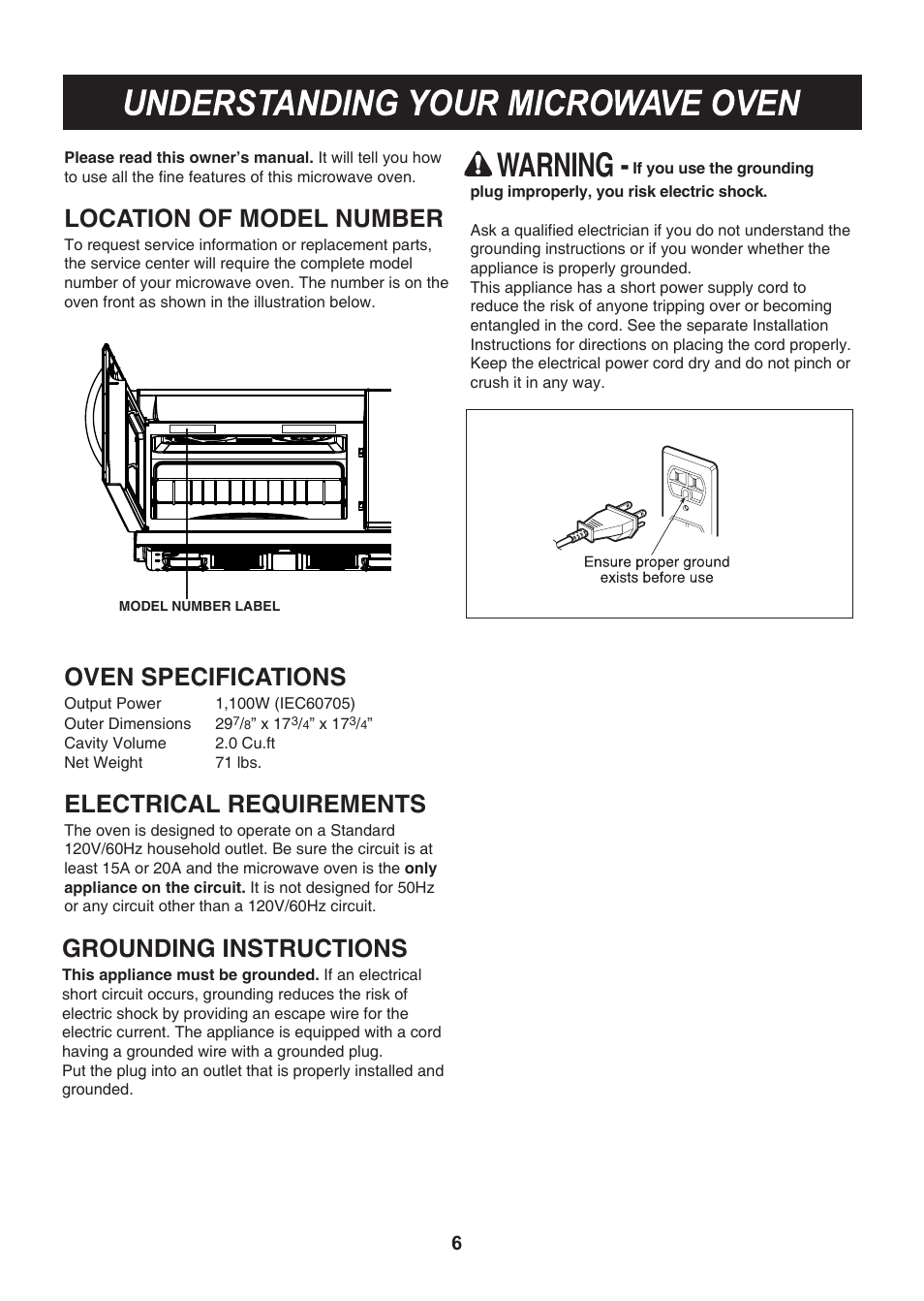 Warning, Location of model number, Oven specifications | Electrical requirements, Grounding instructions | LG LMHM2017SB User Manual | Page 6 / 33