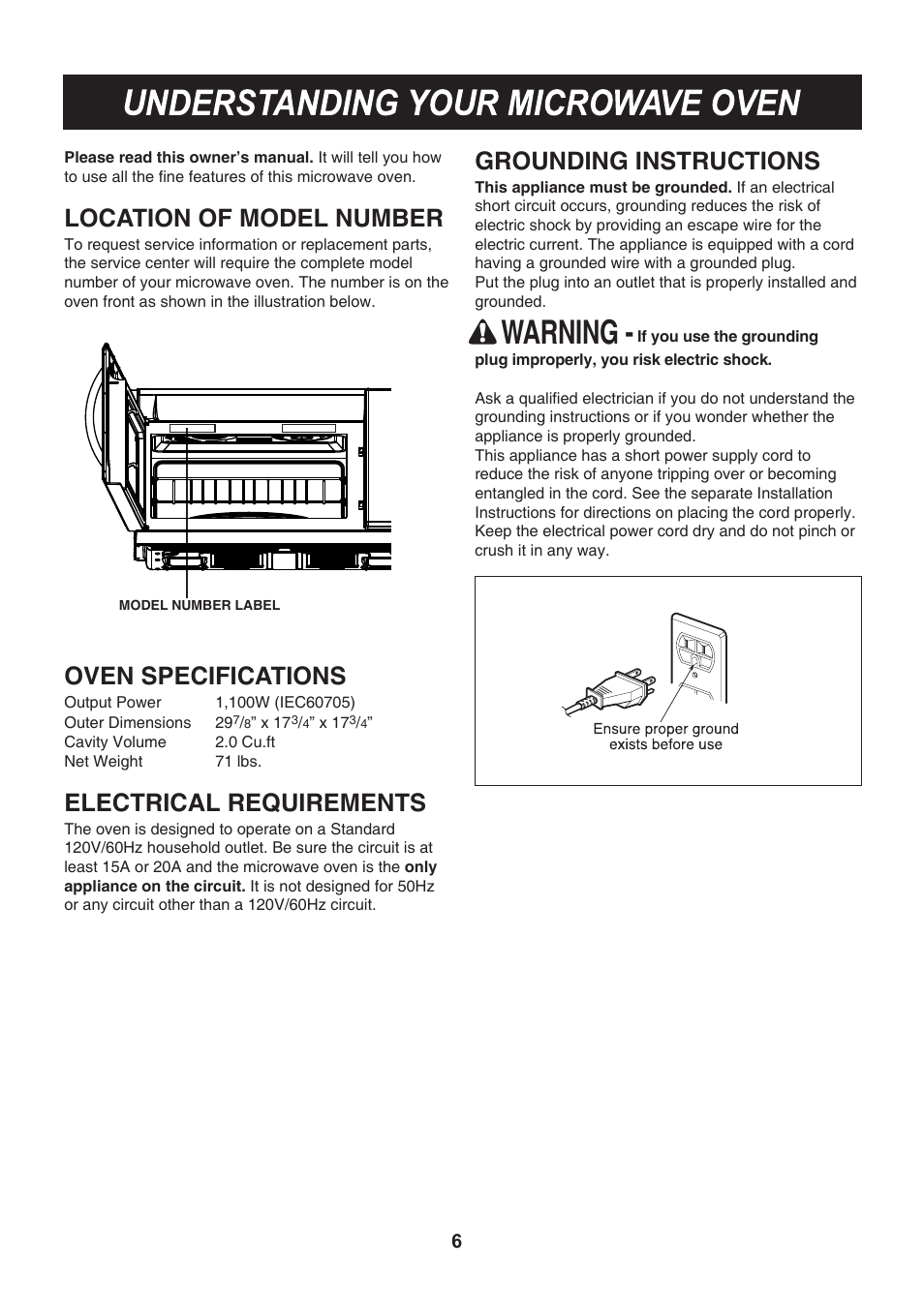 Warning, Location of model number, Oven specifications | Electrical requirements, Grounding instructions | LG LMHM2017SB User Manual | Page 7 / 33