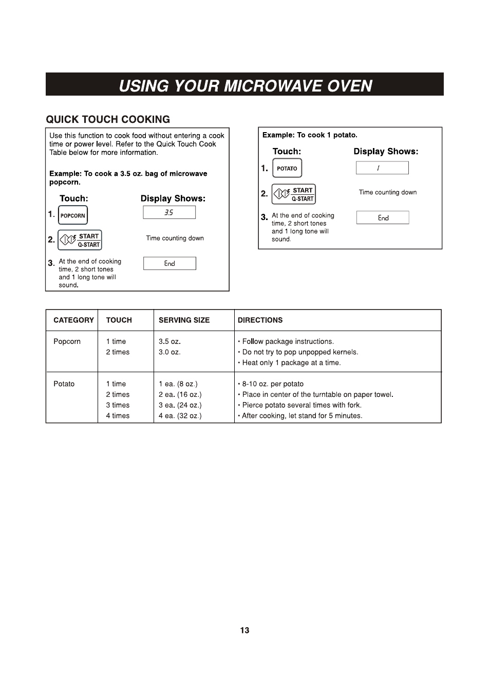 Quick touch cooking, Touch, Display shows | Touch: display shows, Using your microwave oven | LG LCSP1110ST User Manual | Page 13 / 23