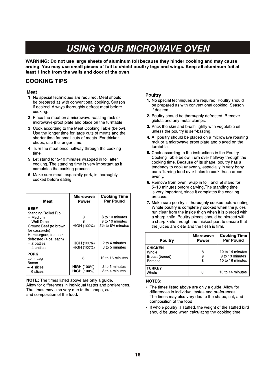 Cooking tips, Meat, Poultry | Cooking tips ,17, Using your microwave oven | LG LCSP1110ST User Manual | Page 16 / 23