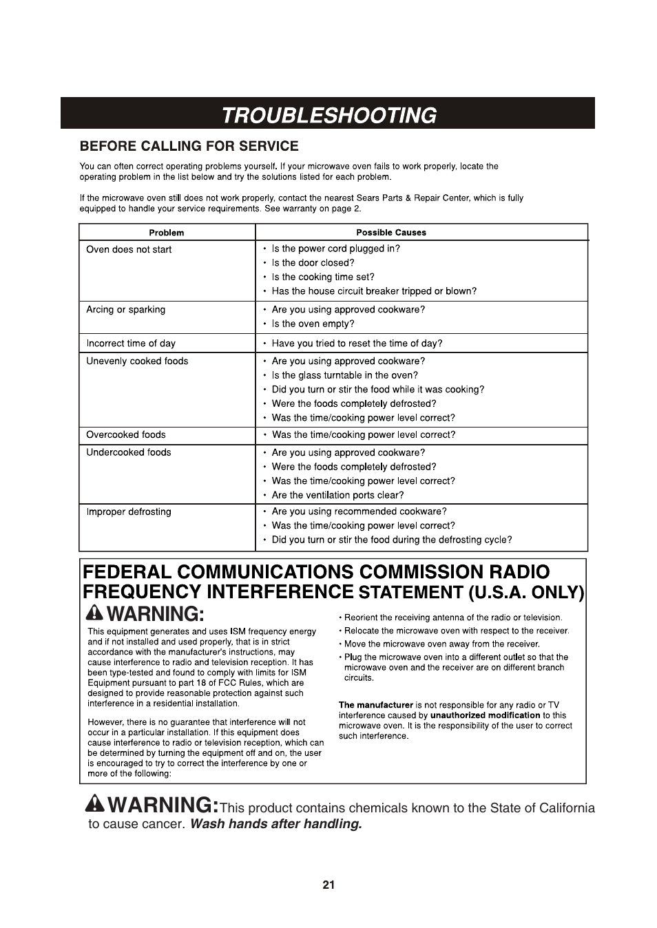 Before calling for service, Troubleshooting, W warning i | LG LCSP1110ST User Manual | Page 21 / 23