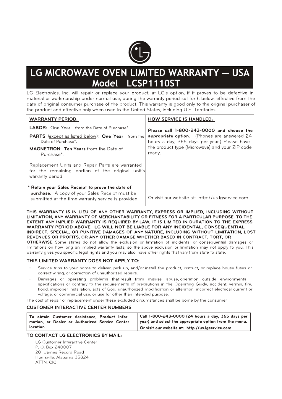 Lg microwave oven limited warranty - usa, Model lcsp1110st | LG LCSP1110ST User Manual | Page 22 / 23