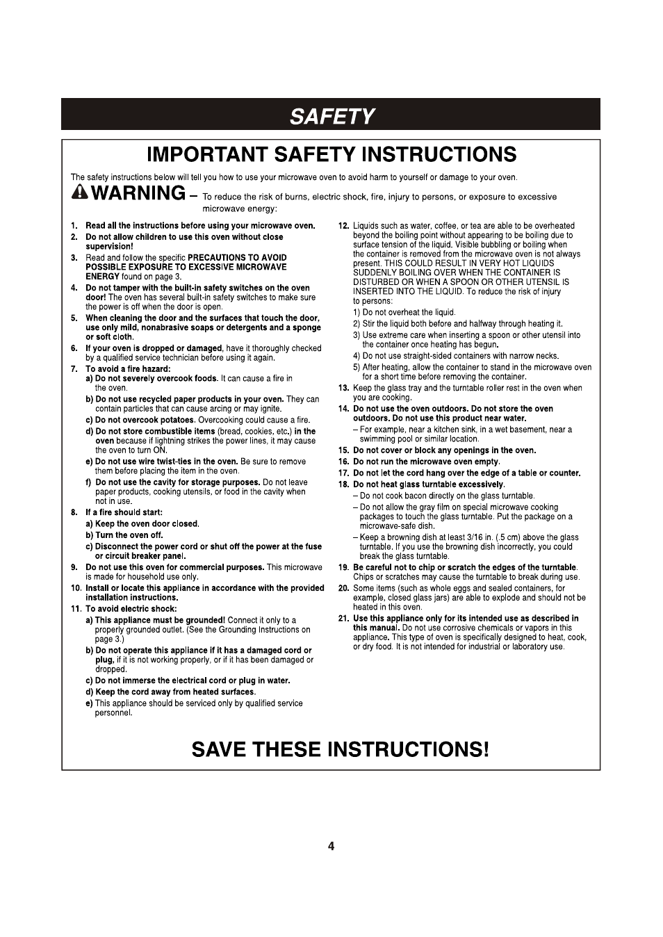 Important safety instructions, Save these instructions, Important safety instructions , 5 | Warning | LG LCSP1110ST User Manual | Page 4 / 23