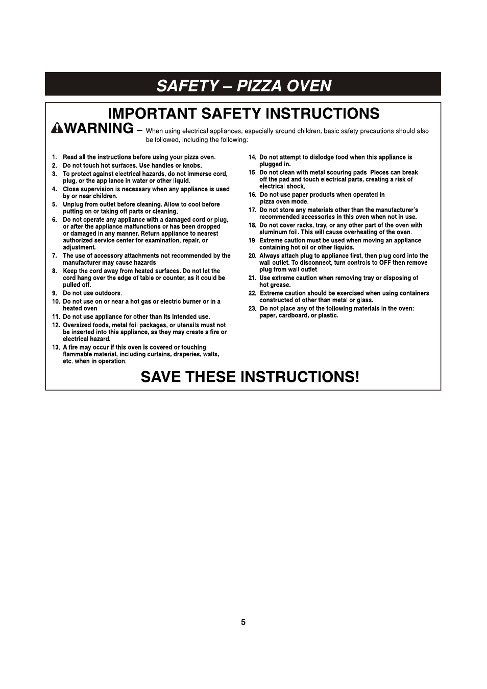 Important safety instructions, Warning, Save these instructions | LG LCSP1110ST User Manual | Page 5 / 23