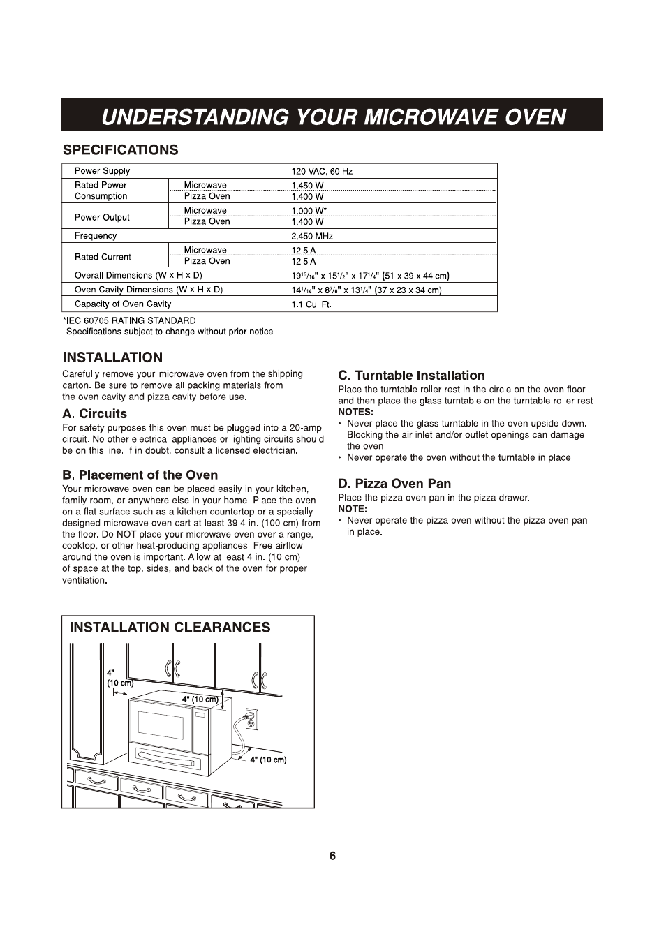 Specifications, Installation, A. circuits | B. piacement of the oven, C. turntable installation, D. pizza oven pan, Instaiiation, Understanding your microwave oven | LG LCSP1110ST User Manual | Page 6 / 23