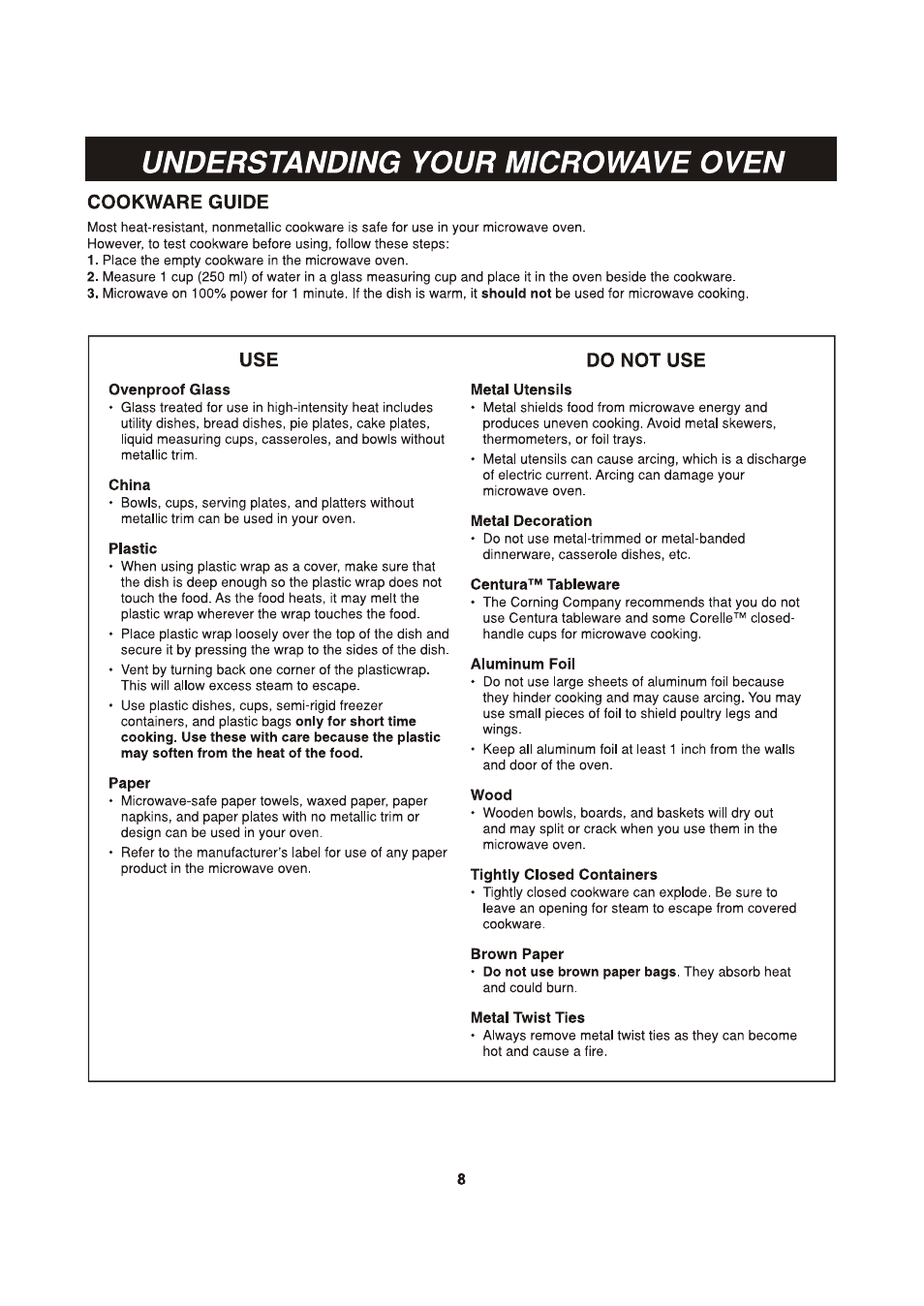 Ovenproof glass, China, Plastic | Paper, Metal utensils, Metal decoration, Centura''** tableware, Aluminum foil, Wood, Tightly closed containers | LG LCSP1110ST User Manual | Page 8 / 23