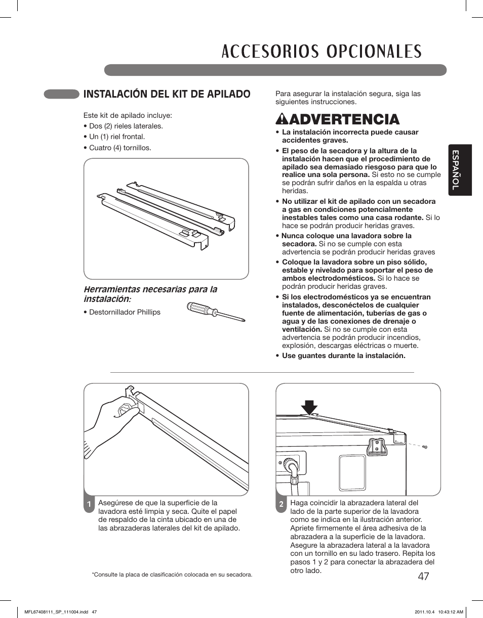 Wadvertencia, Instalación del kit de apilado | LG DLEX2650R User Manual | Page 95 / 100