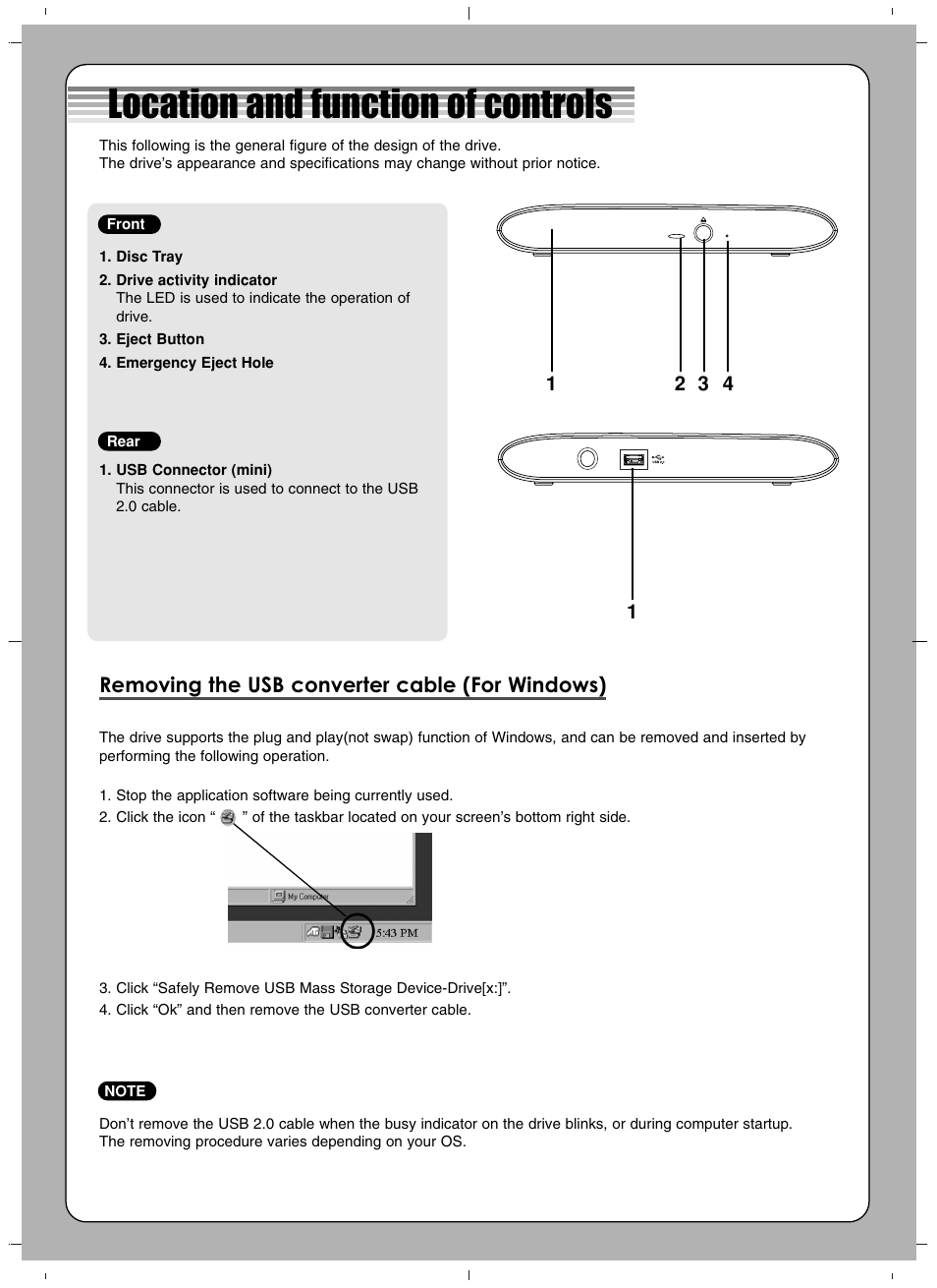 Location and function of controls, Removing the usb converter cable (for windows) | LG GP08NU6B User Manual | Page 2 / 4