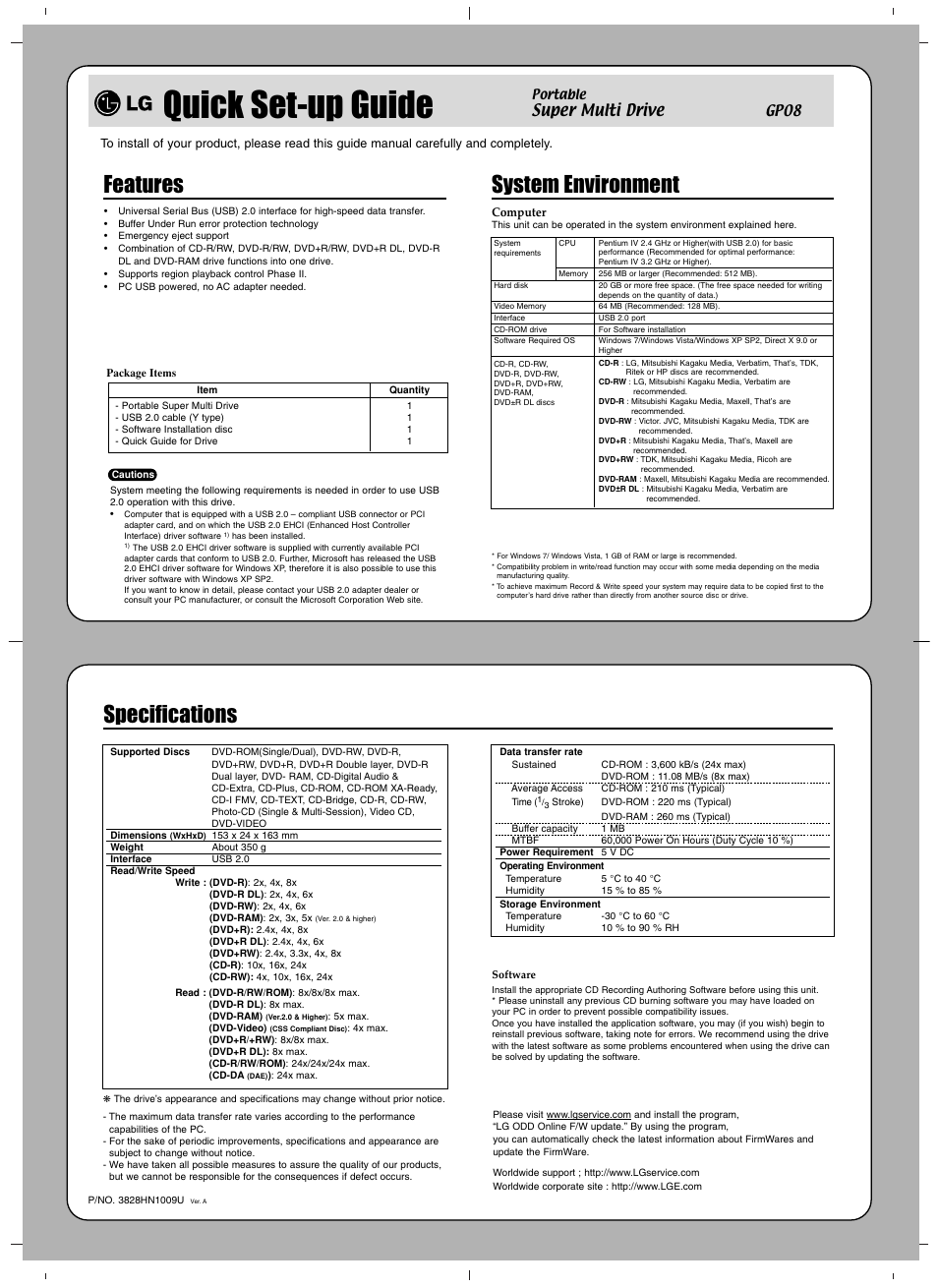 Quick set-up guide, Features, System environment | Specifications, Super multi drive | LG GP08NU6B User Manual | Page 3 / 4