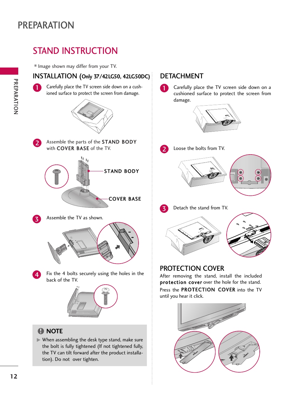 Stand instruction, Preparation, Installation | Detachment, Protection cover | LG 47LG50-UG User Manual | Page 12 / 114