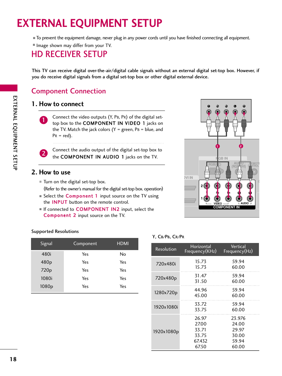 External equipment setup, Hd receiver setup, Component connection | How to connect, How to use, External eq uipment setup | LG 47LG50-UG User Manual | Page 18 / 114