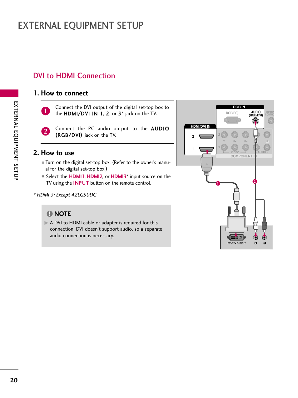 Dvi to hdmi connection, External equipment setup, How to connect 2. how to use | External eq uipment setup | LG 47LG50-UG User Manual | Page 20 / 114