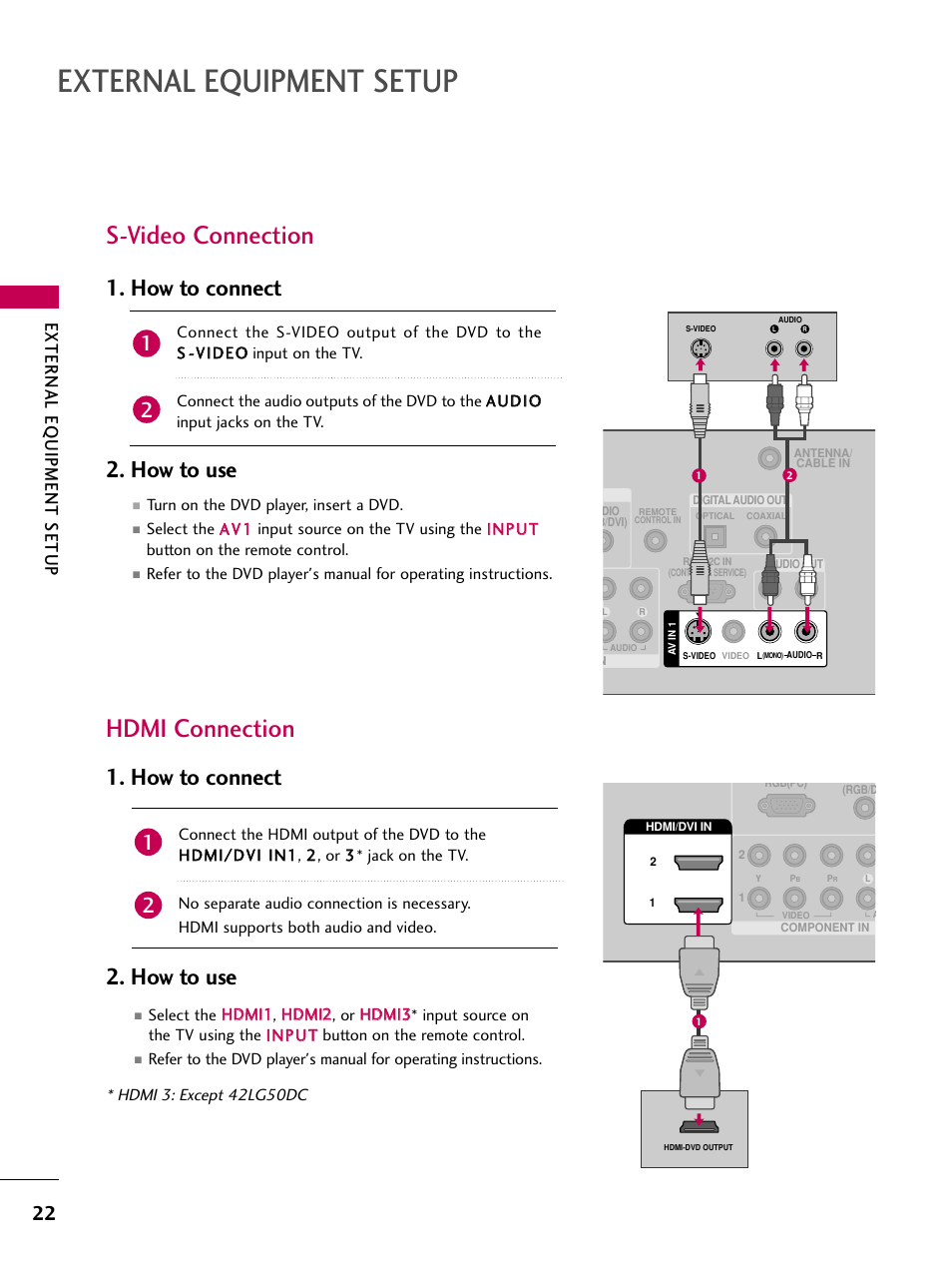 S-video connection, Hdmi connection, External equipment setup | How to connect 2. how to use, External eq uipment setup | LG 47LG50-UG User Manual | Page 22 / 114