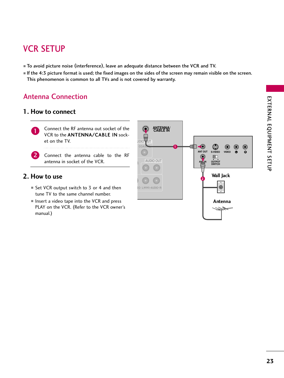 Vcr setup, Antenna connection, How to connect 2. how to use | External eq uipment setup | LG 47LG50-UG User Manual | Page 23 / 114