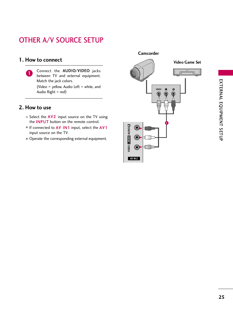 Other a/v source setup, How to connect 2. how to use, External eq uipment setup | Camcorder | LG 47LG50-UG User Manual | Page 25 / 114