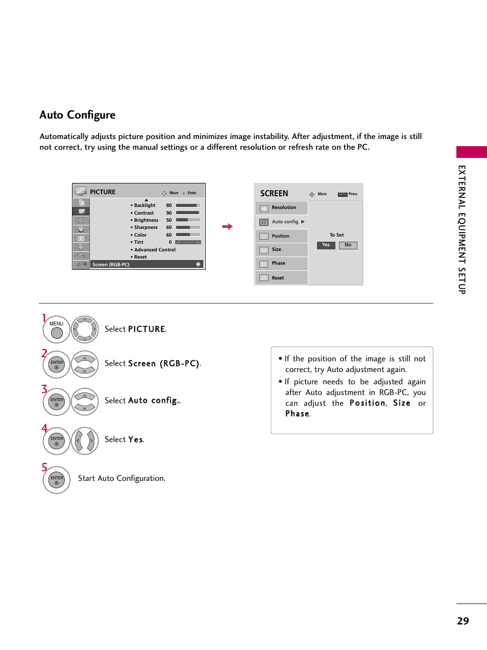 Auto configure, External eq uipment setup | LG 47LG50-UG User Manual | Page 29 / 114