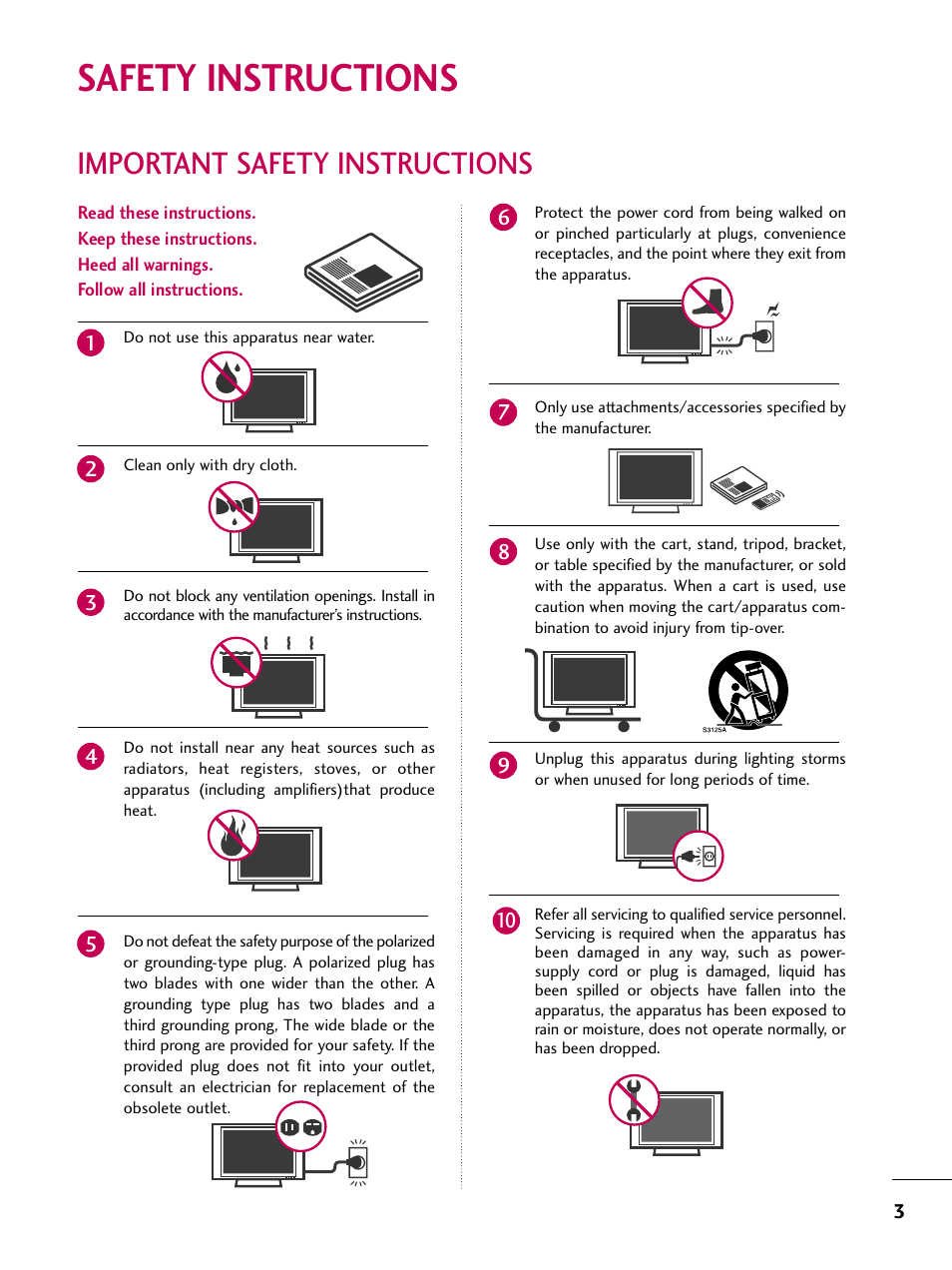 Safety instructions, Important safety instructions | LG 47LG50-UG User Manual | Page 3 / 114