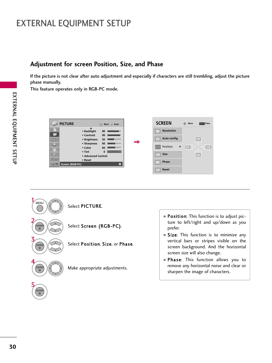 External equipment setup, Adjustment for screen position, size, and phase, External eq uipment setup | LG 47LG50-UG User Manual | Page 30 / 114