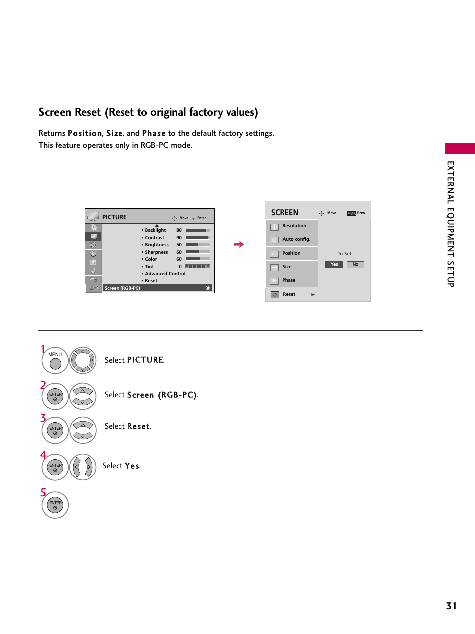 Screen reset (reset to original factory values), External eq uipment setup | LG 47LG50-UG User Manual | Page 31 / 114