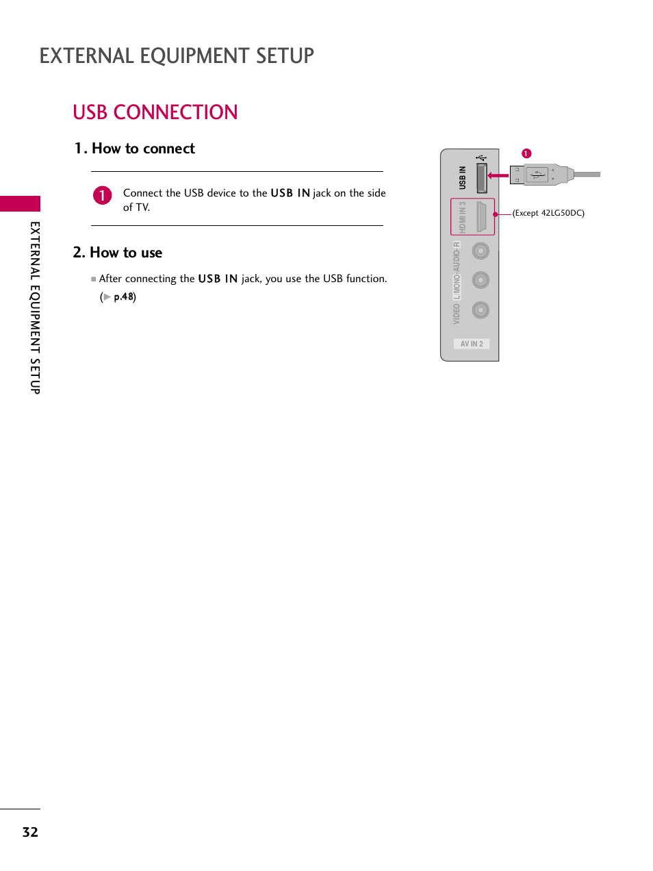 Usb connection, External equipment setup, How to connect | How to use | LG 47LG50-UG User Manual | Page 32 / 114