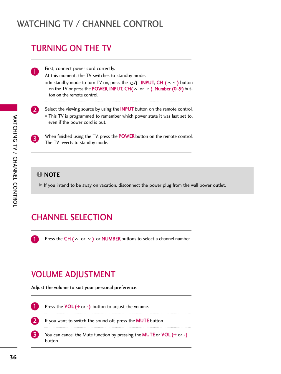 Turning on the tv, Channel selection, Volume adjustment | Watching tv / channel control, Volume adjustment channel selection | LG 47LG50-UG User Manual | Page 36 / 114