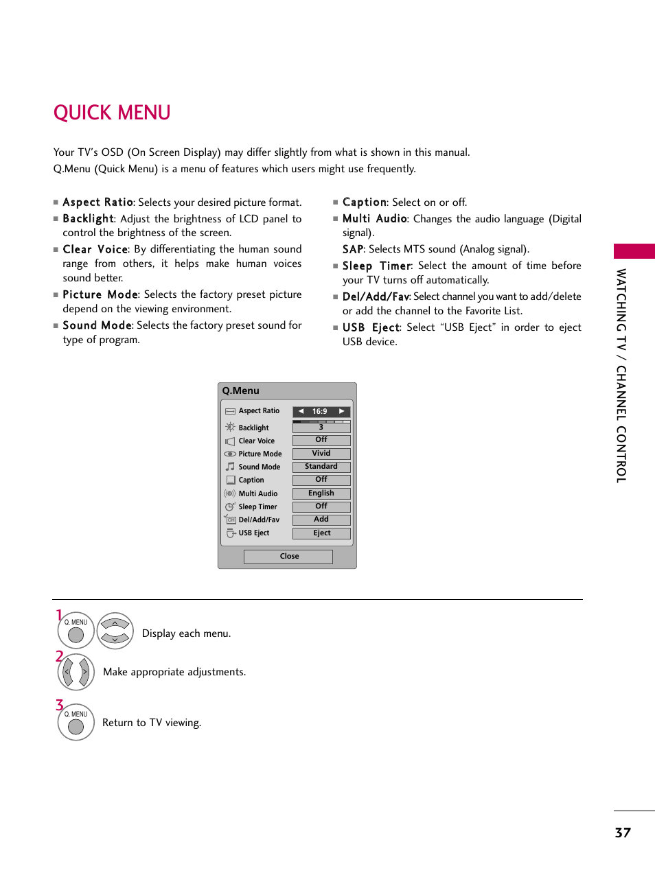 Quick menu, Watching tv / channel contr ol | LG 47LG50-UG User Manual | Page 37 / 114