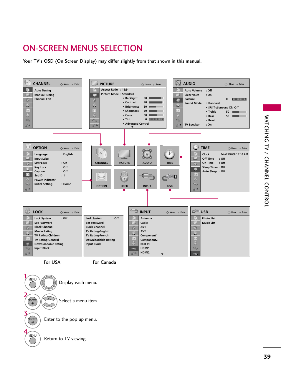 On-screen menus selection, Watching tv / channel contr ol, Return to tv viewing | For usa for canada | LG 47LG50-UG User Manual | Page 39 / 114