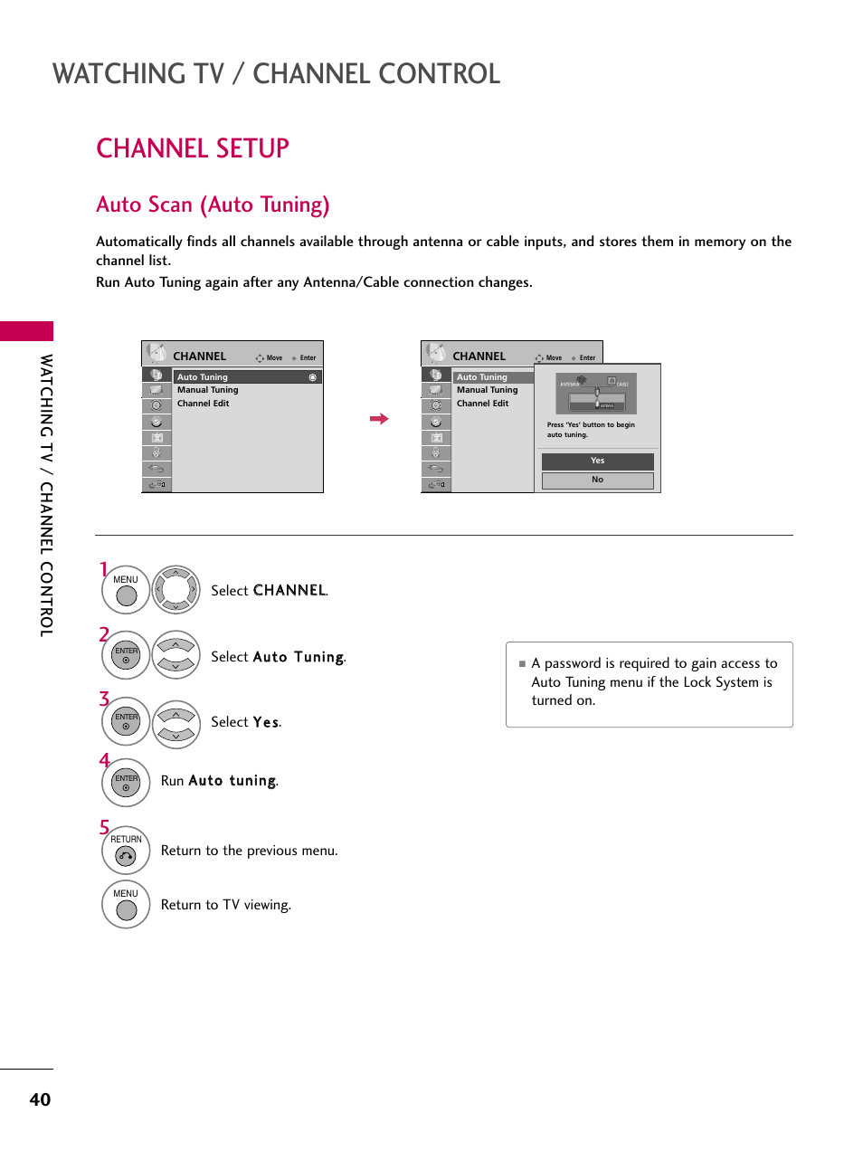 Channel setup, Auto scan (auto tuning), Watching tv / channel control | Watching tv / channel contr ol | LG 47LG50-UG User Manual | Page 40 / 114