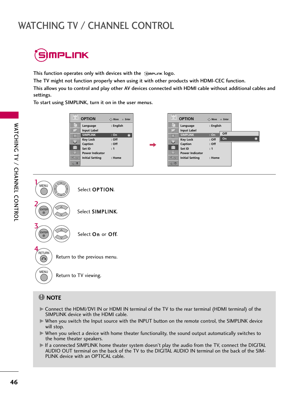 Simplink, Watching tv / channel control, Watching tv / channel contr ol | LG 47LG50-UG User Manual | Page 46 / 114