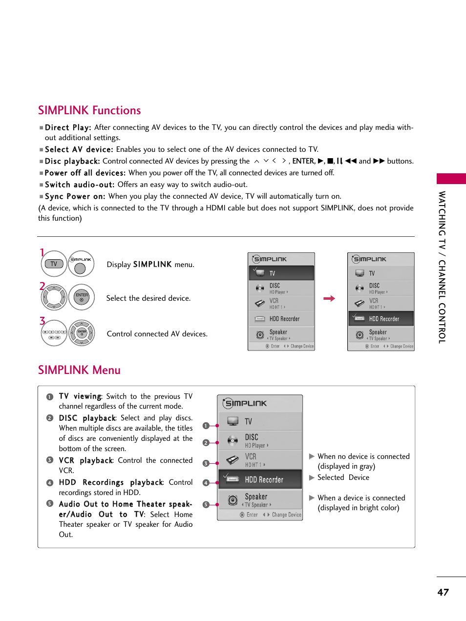 Simplink functions, Simplink menu, Watching tv / channel contr ol | LG 47LG50-UG User Manual | Page 47 / 114