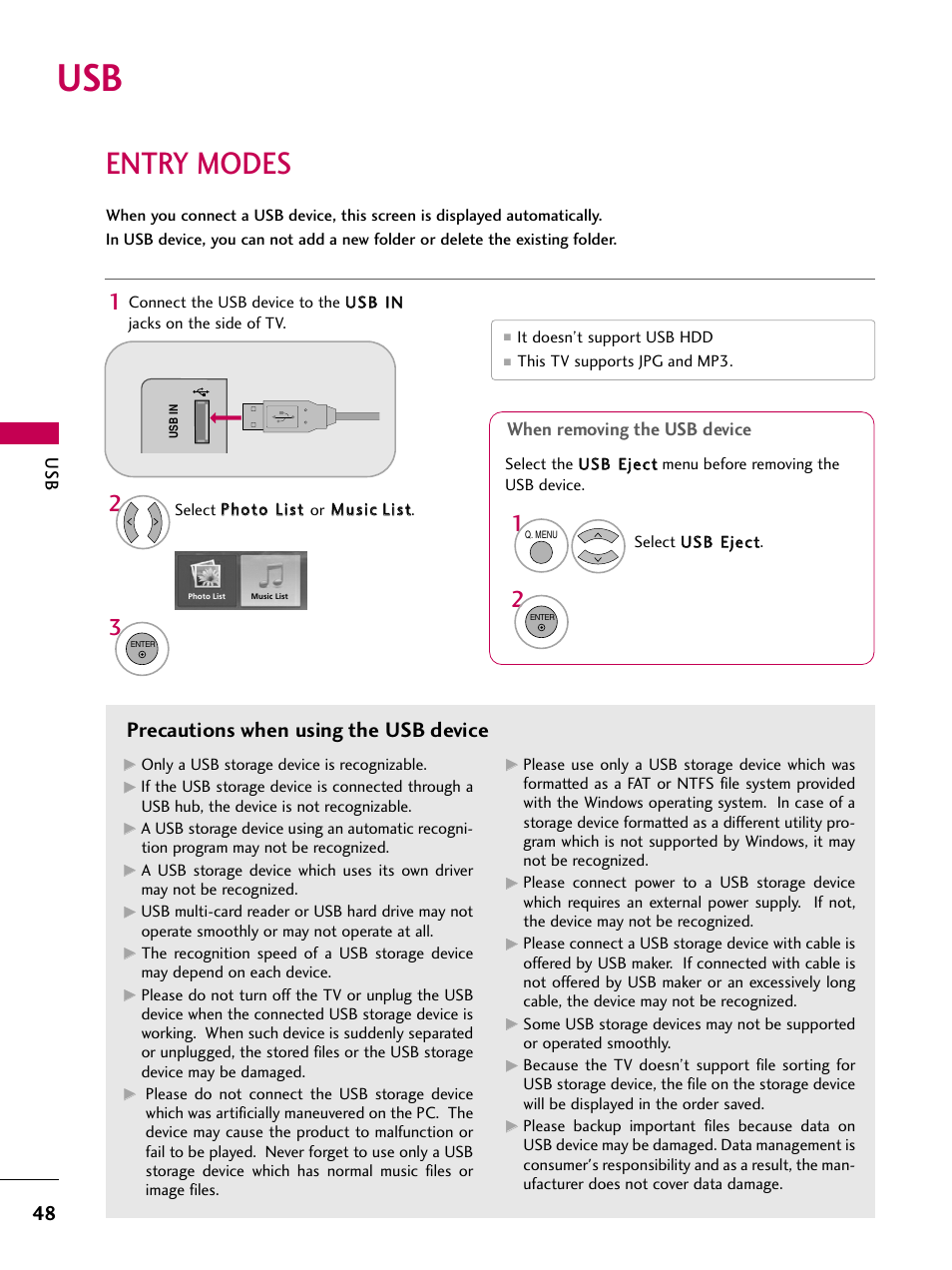 Entry modes, Precautions when using the usb device, When removing the usb device | LG 47LG50-UG User Manual | Page 48 / 114