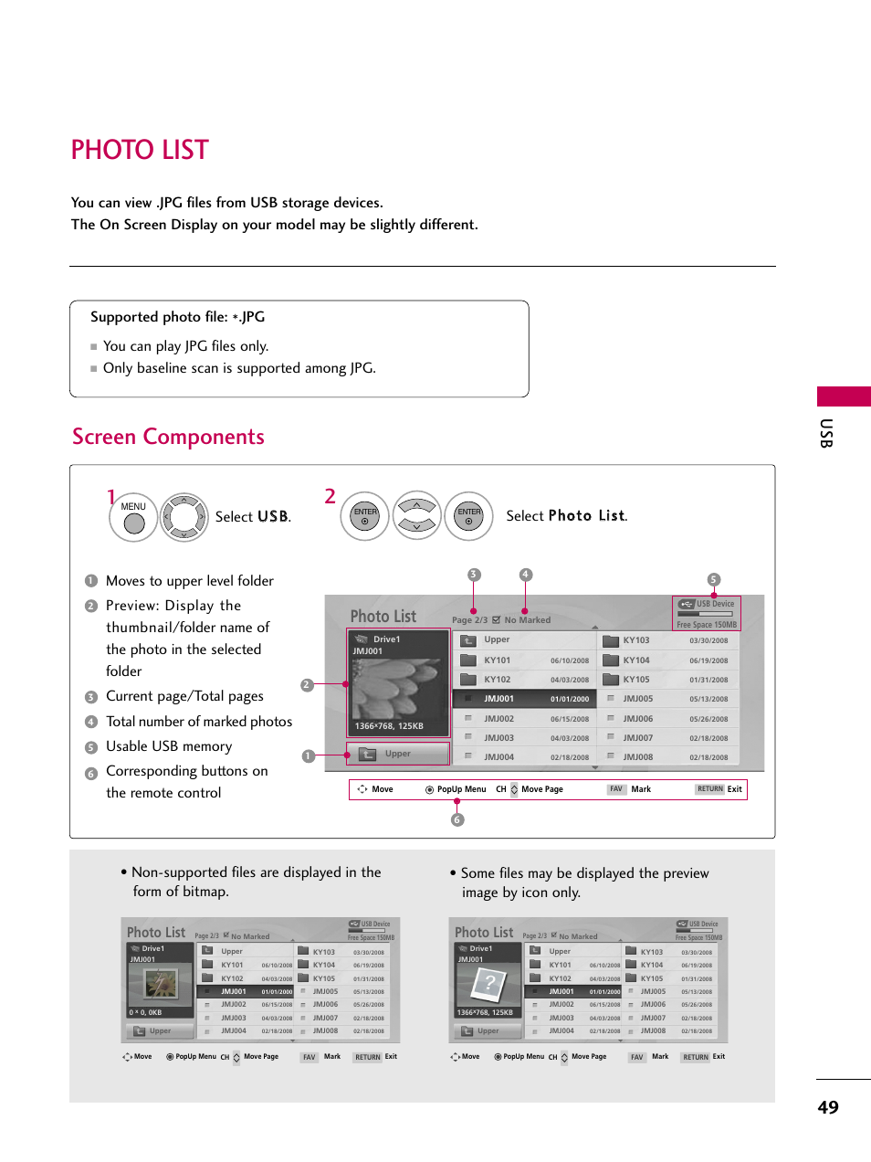 Photo list, Screen components, You can play jpg files only | LG 47LG50-UG User Manual | Page 49 / 114