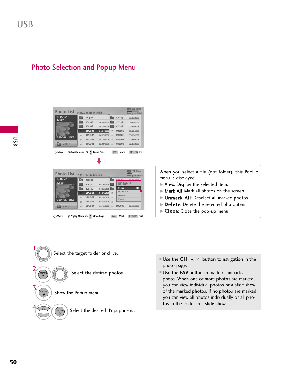 Photo selection and popup menu, Show the popup menu, Select the desired popup menu | Vviieew w: display the selected item, Ddeelleettee: delete the selected photo item, Ccllo ossee: close the pop-up menu, Photo list | LG 47LG50-UG User Manual | Page 50 / 114