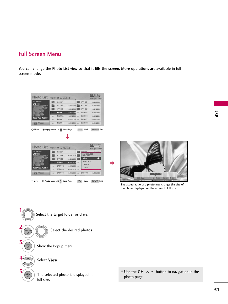 Full screen menu, Photo list | LG 47LG50-UG User Manual | Page 51 / 114