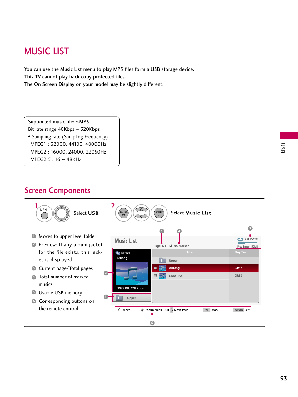 Music list, Screen components | LG 47LG50-UG User Manual | Page 53 / 114