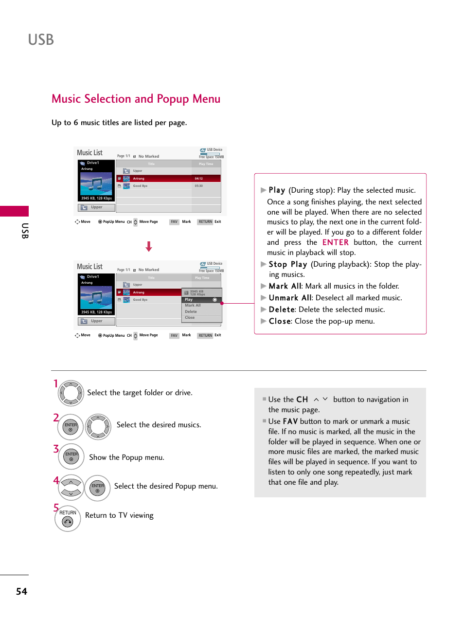 Music selection and popup menu, Return to tv viewing, Music list | Ddeelleettee: delete the selected music, Ccllo ossee: close the pop-up menu | LG 47LG50-UG User Manual | Page 54 / 114