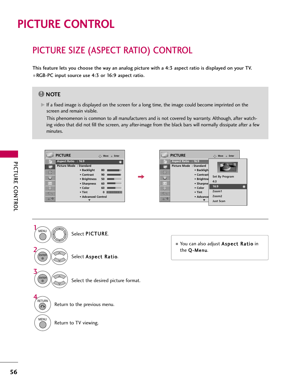 Picture control, Picture size (aspect ratio) control, Picture contr ol | LG 47LG50-UG User Manual | Page 56 / 114