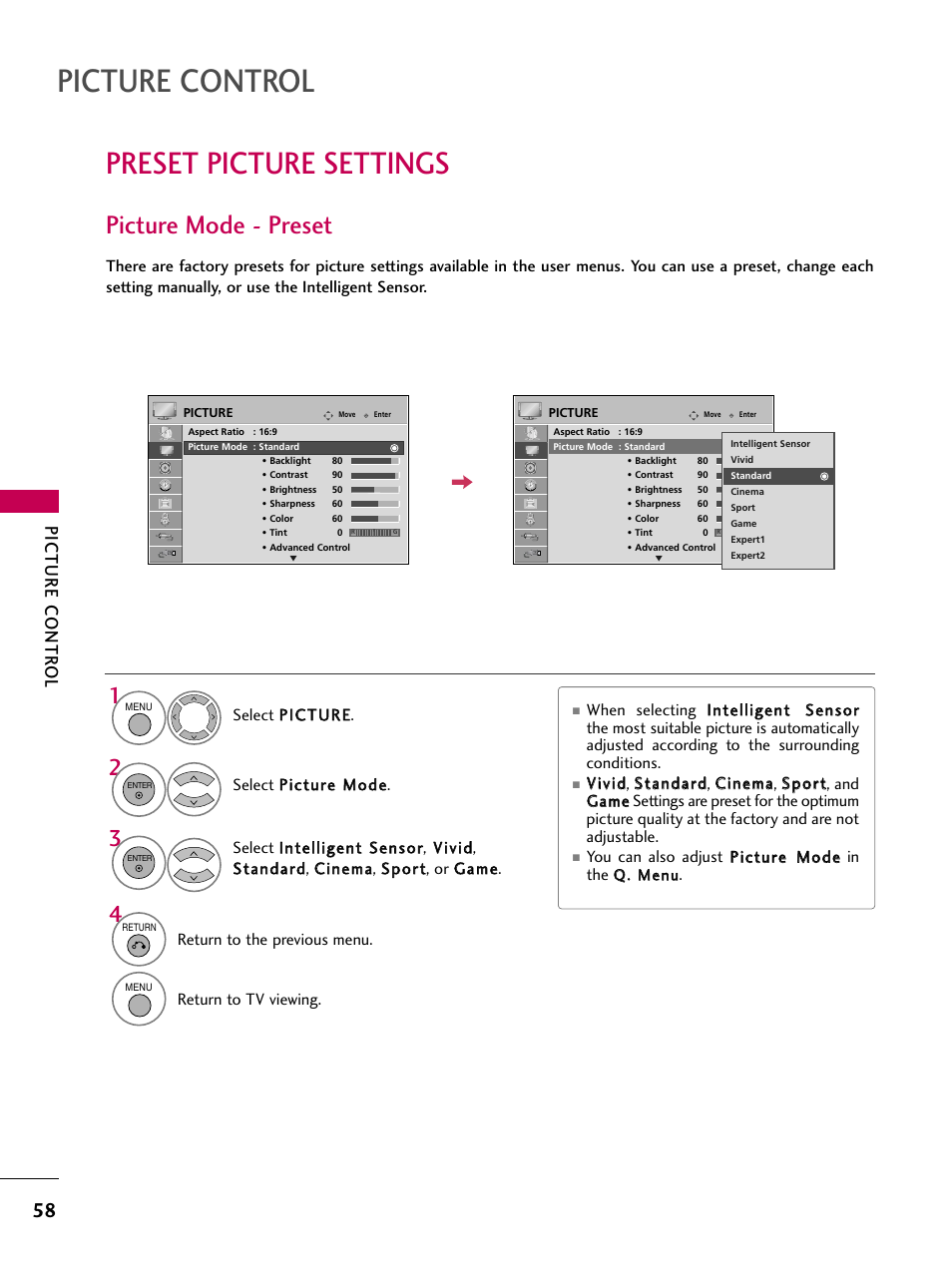 Preset picture settings, Picture mode - preset, Picture control | Picture contr ol | LG 47LG50-UG User Manual | Page 58 / 114