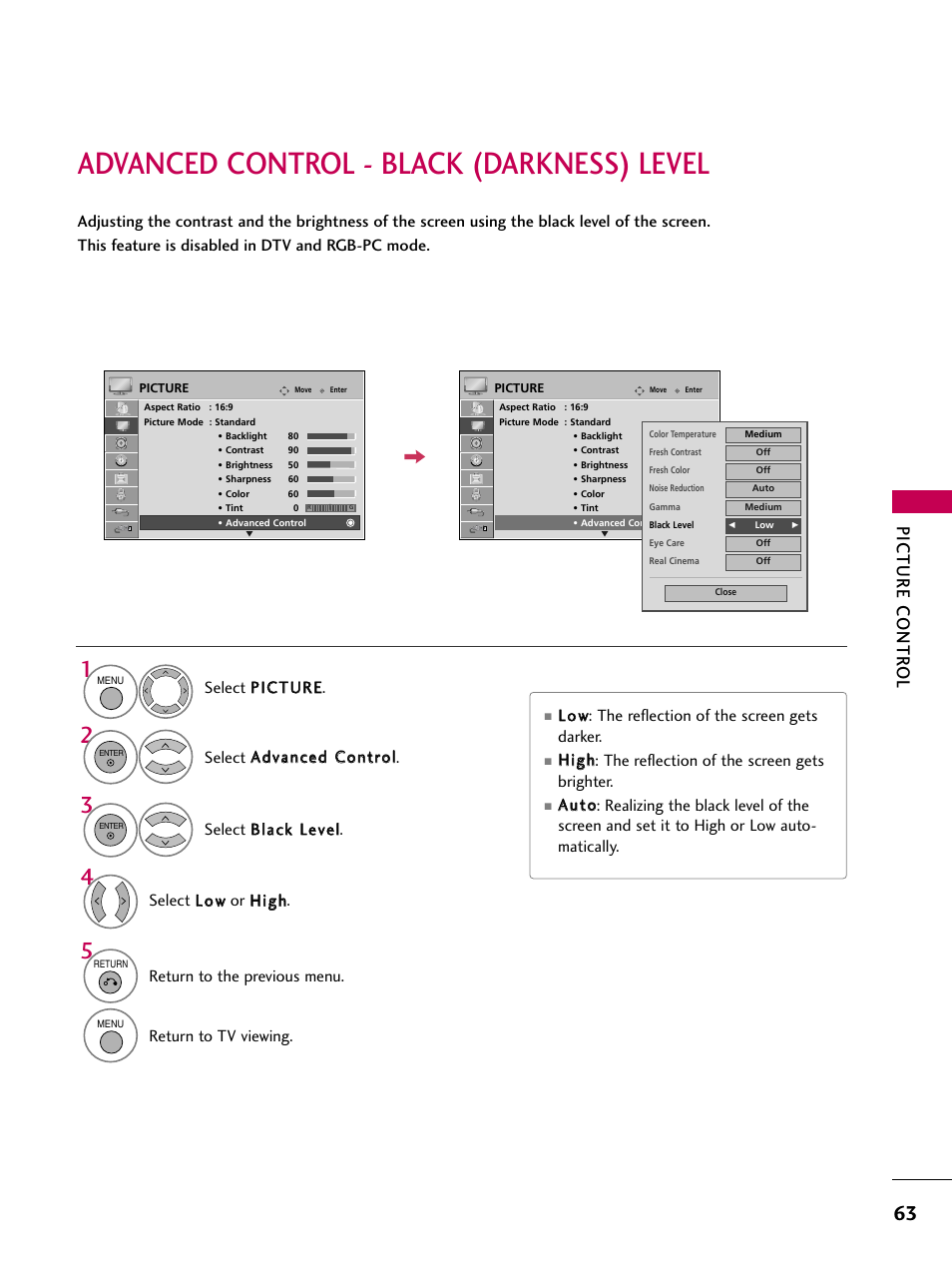 Advanced control - black (darkness) level, Picture contr ol, Return to the previous menu | Return to tv viewing | LG 47LG50-UG User Manual | Page 63 / 114