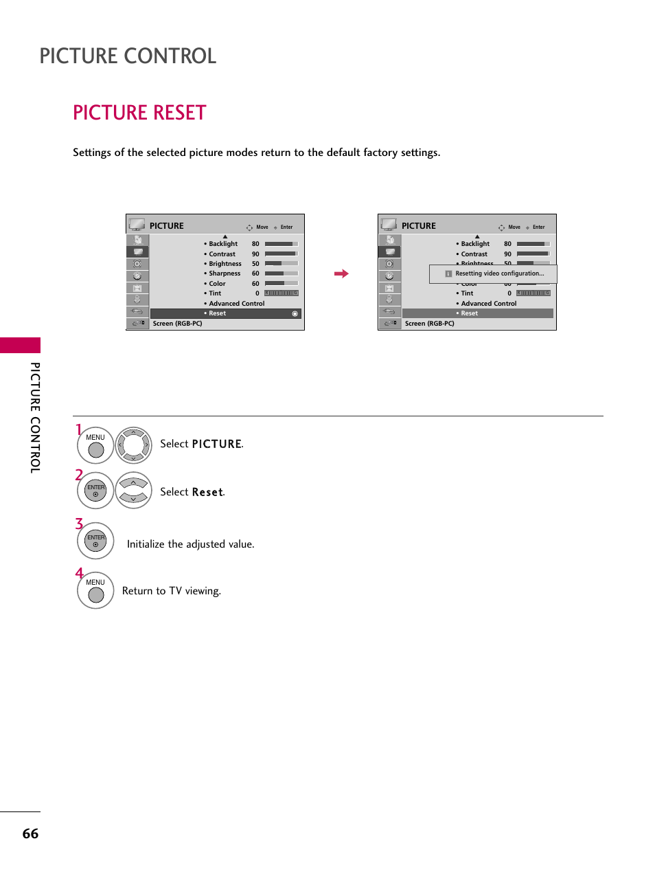 Picture reset, Picture control, Picture contr ol | Return to tv viewing | LG 47LG50-UG User Manual | Page 66 / 114