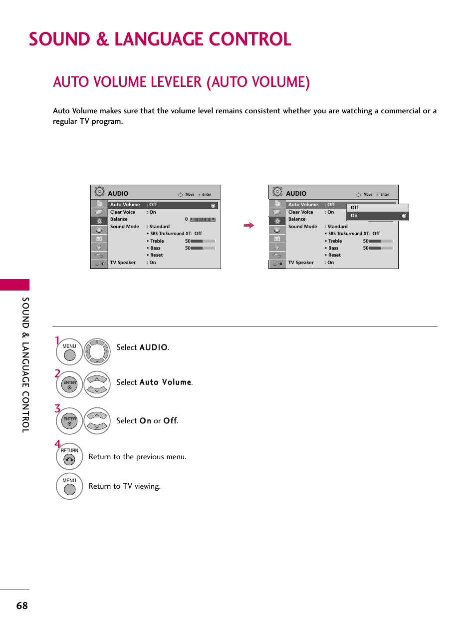 Sound & language control, Auto volume leveler (auto volume), Sound & langu a ge contr ol | LG 47LG50-UG User Manual | Page 68 / 114